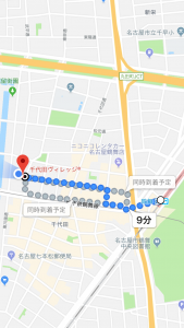 千代田ヴィレッジ鶴舞駅からの経路