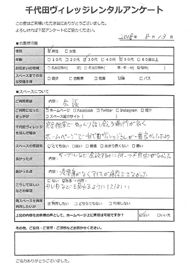 名古屋レンタルスペース千代田ヴィレッジクチコミ